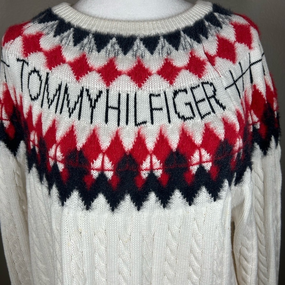 Womens Tommy Hilfiger Fair Isle Cable Knit Ski Sweater White Red Logo Size Large - Picture 5 of 12